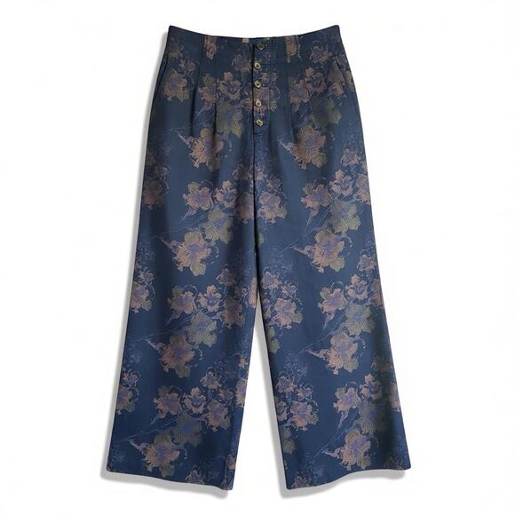 Pilcro Anthropologie Metallic Floral Brocade Wide Leg Pants Blue Gold Sz 30 - Picture 1 of 14